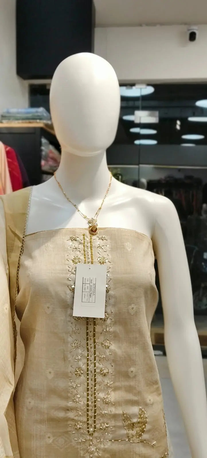 Pure Linen Swan Print Banarasi Boota Cutdana Handwork Dress Material Reyshaa