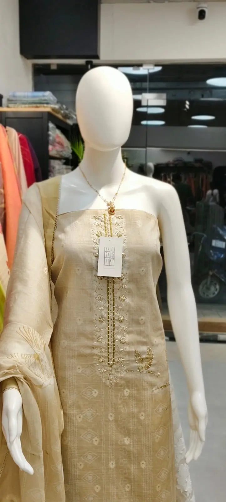 Pure Linen Swan Print Banarasi Boota Cutdana Handwork Dress Material Reyshaa