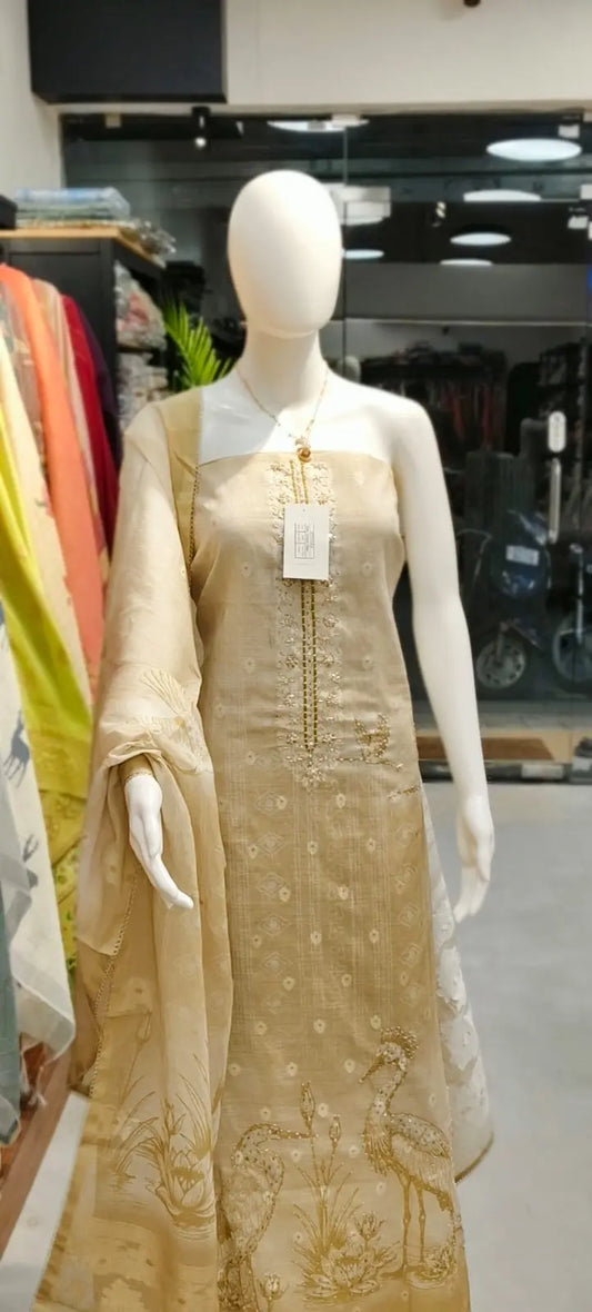Pure Linen Swan Print Banarasi Boota Cutdana Handwork Dress Material Reyshaa