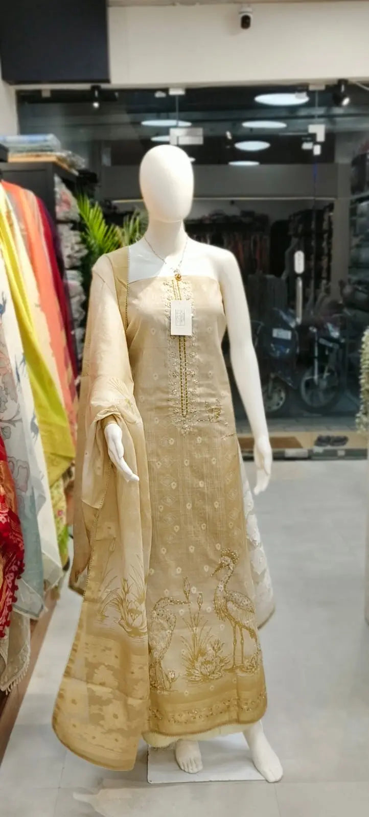 Pure Linen Swan Print Banarasi Boota Cutdana Handwork Dress Material Reyshaa