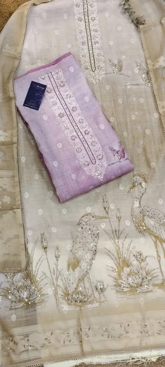 Pure Linen Swan Print Banarasi Boota Cutdana Handwork Dress Material Reyshaa
