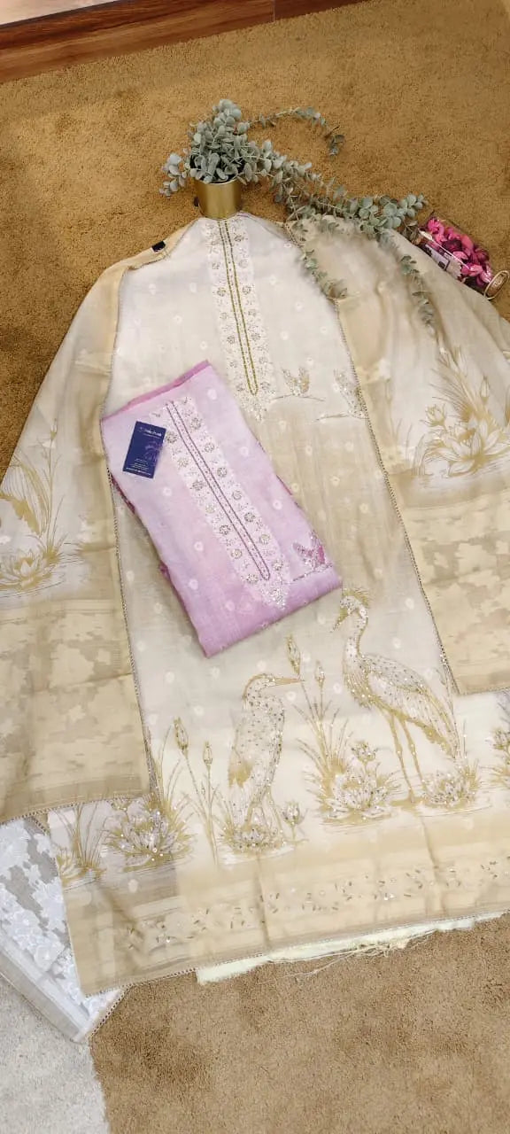 Pure Linen Swan Print Banarasi Boota Cutdana Handwork Dress Material Reyshaa