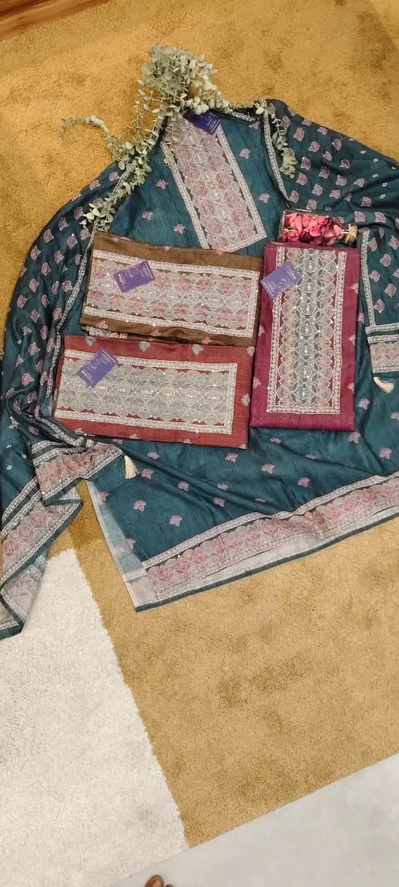 Maheshwari Dabu Print Kantha Embroidery Dress Material Reyshaa