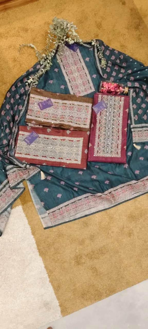 Maheshwari Dabu Print Kantha Embroidery Dress Material Reyshaa
