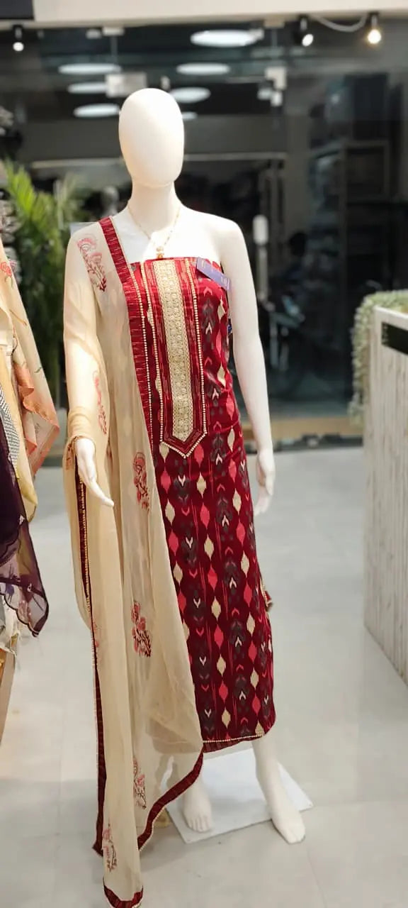Pure Cotton Ikkat Print Dress Material with Pure Chiffon Block Print Dupatta Reyshaa