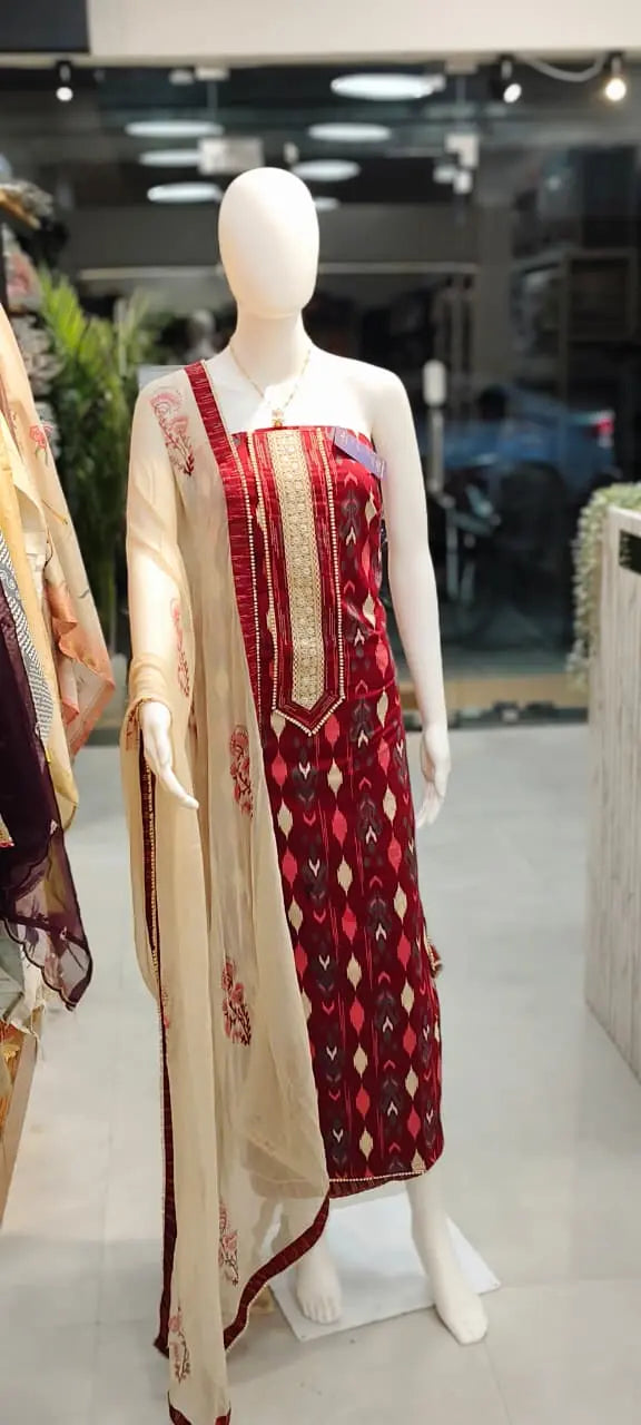 Pure Cotton Ikkat Print Dress Material with Pure Chiffon Block Print Dupatta Reyshaa
