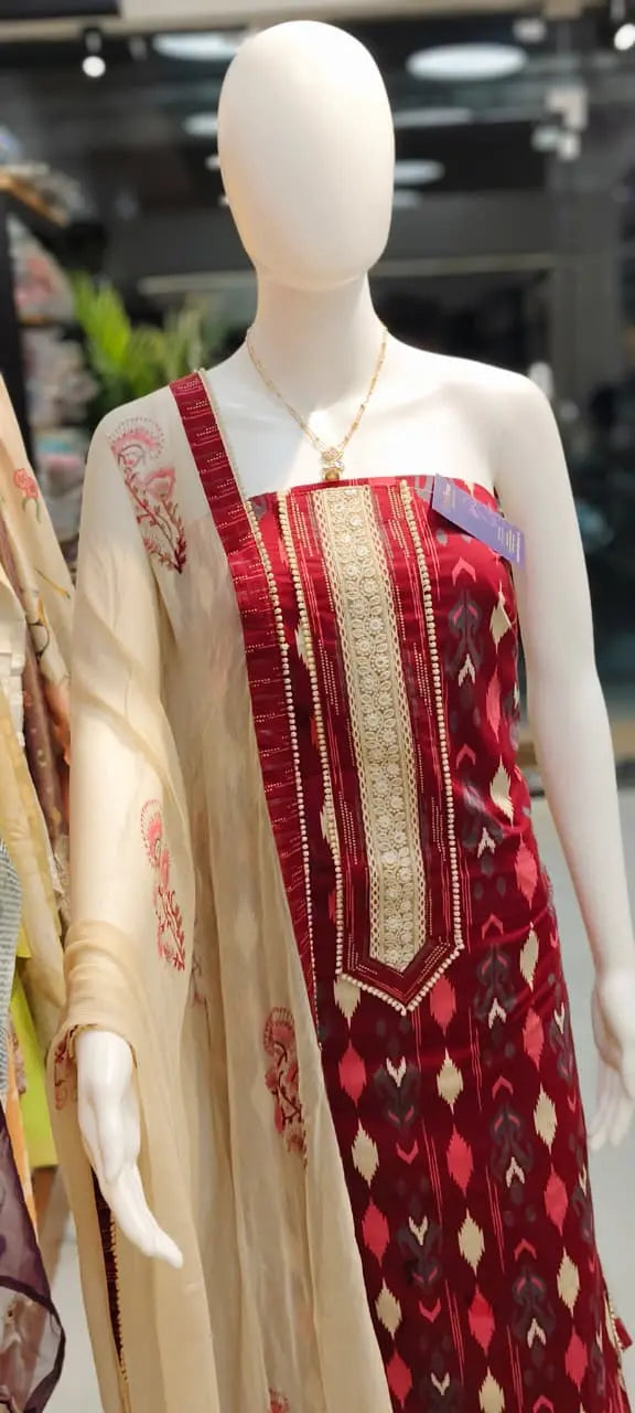 Pure Cotton Ikkat Print Dress Material with Pure Chiffon Block Print Dupatta Reyshaa