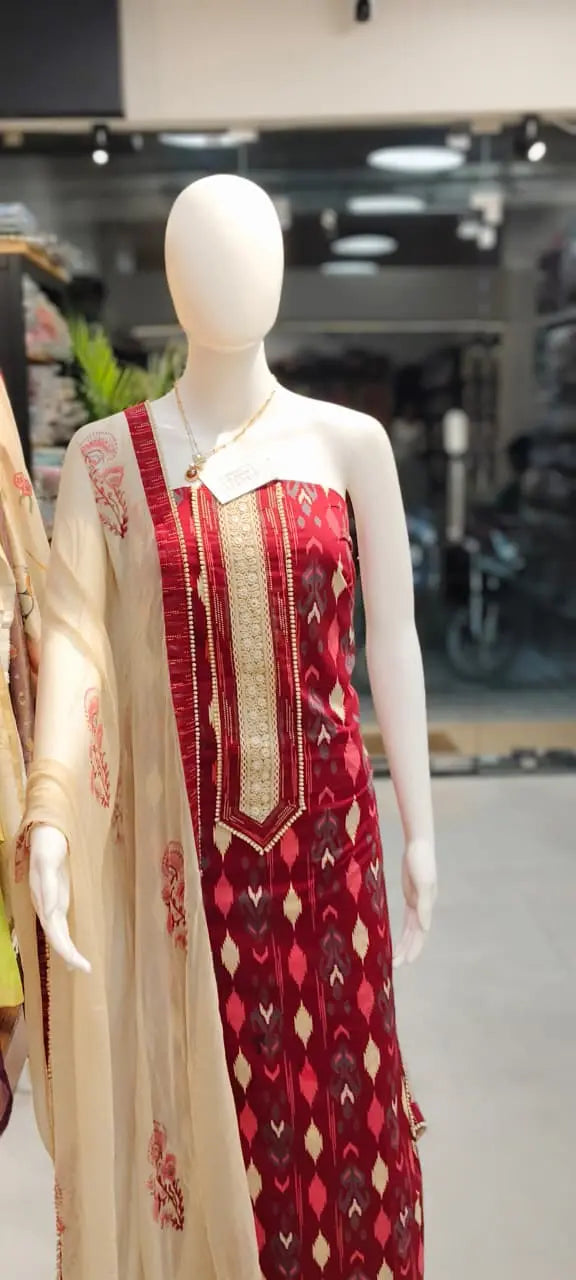 Pure Cotton Ikkat Print Dress Material with Pure Chiffon Block Print Dupatta Reyshaa