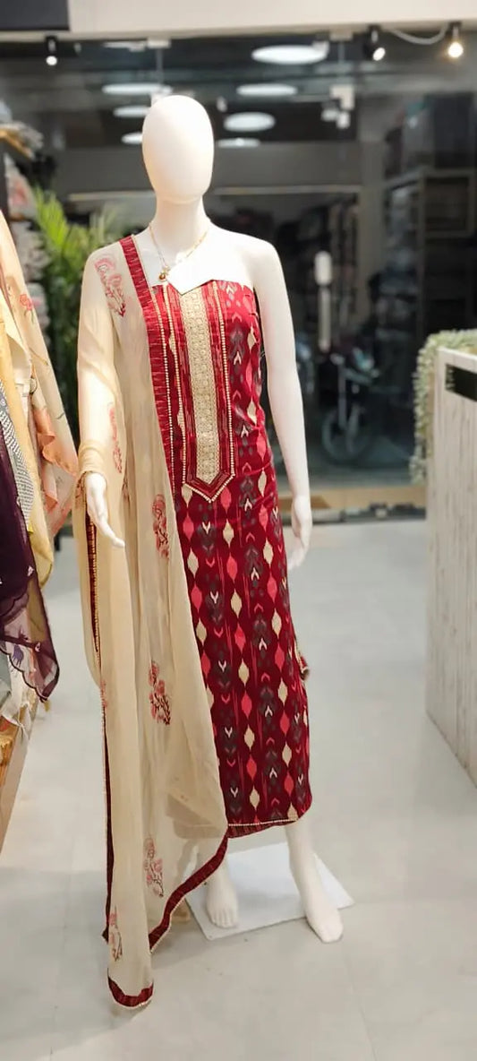 Pure Cotton Ikkat Print Dress Material with Pure Chiffon Block Print Dupatta Reyshaa