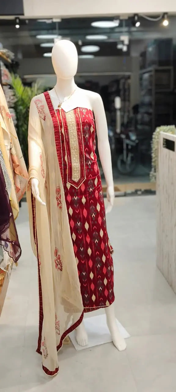 Pure Cotton Ikkat Print Dress Material with Pure Chiffon Block Print Dupatta Reyshaa