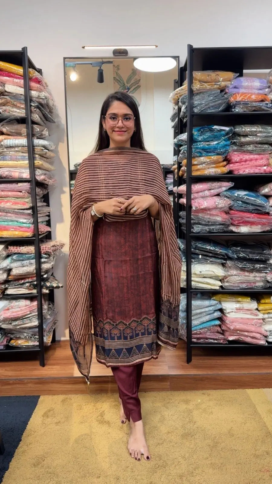 Silk Ajrakh Print Readymade Suit Set Reyshaa
