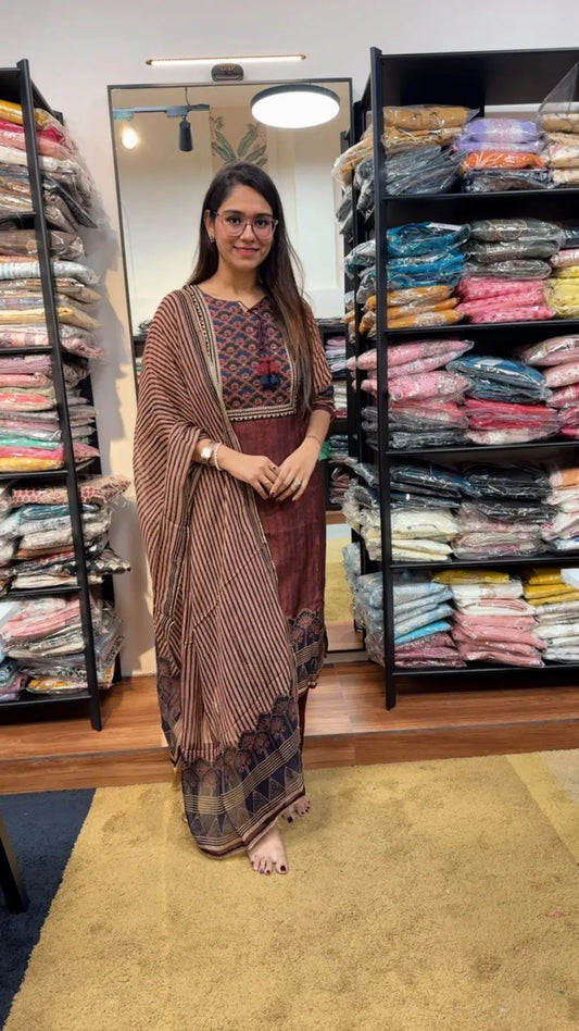 Silk Ajrakh Print Readymade Suit Set Reyshaa