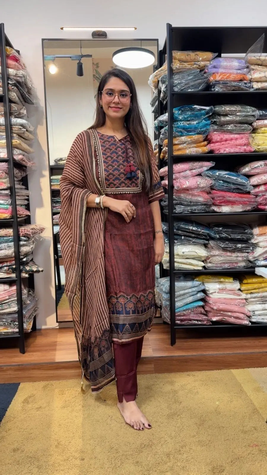 Silk Ajrakh Print Readymade Suit Set Reyshaa