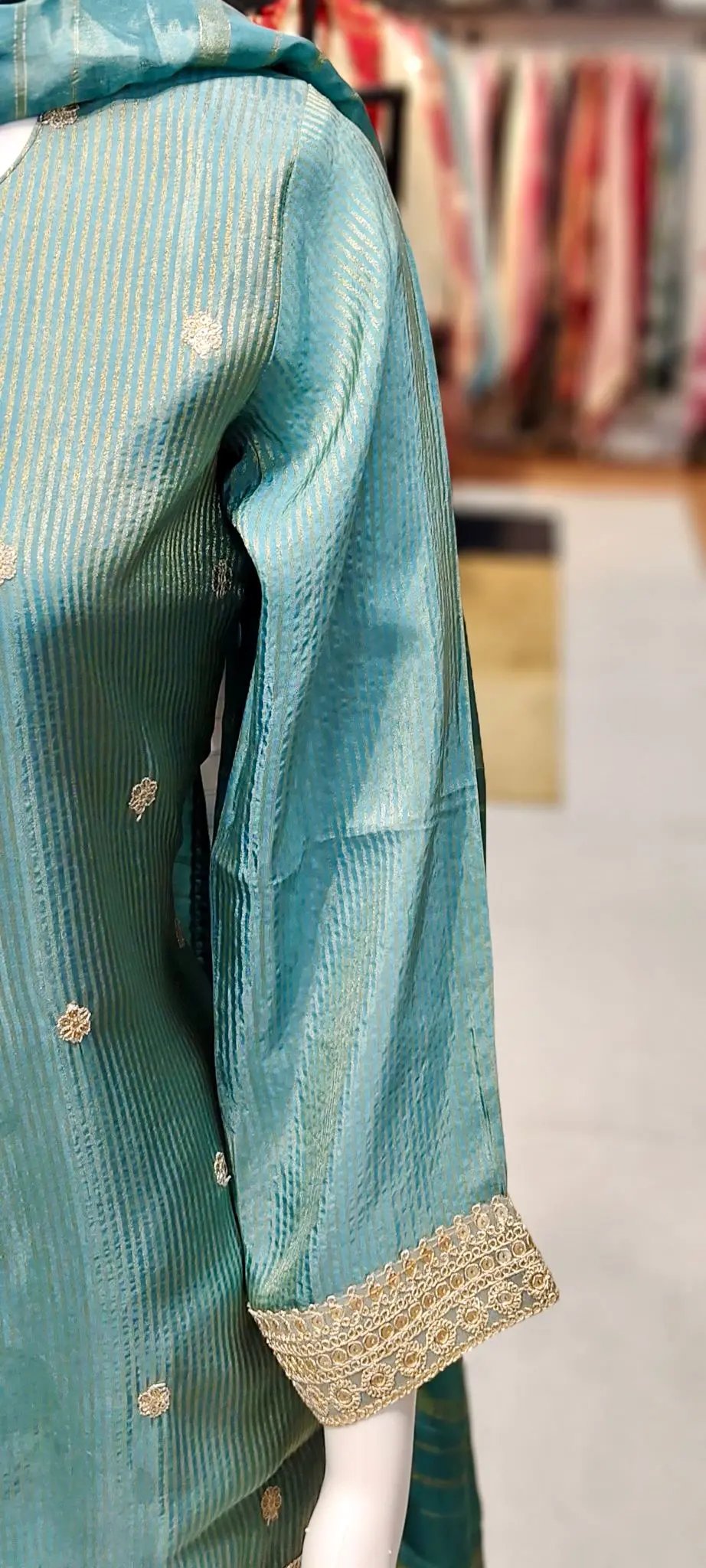 Banarasi Booti Silk Shimmer Pakistani Sharara Suit with All-Over Embroidery & Neck Tassel Tie Reyshaa