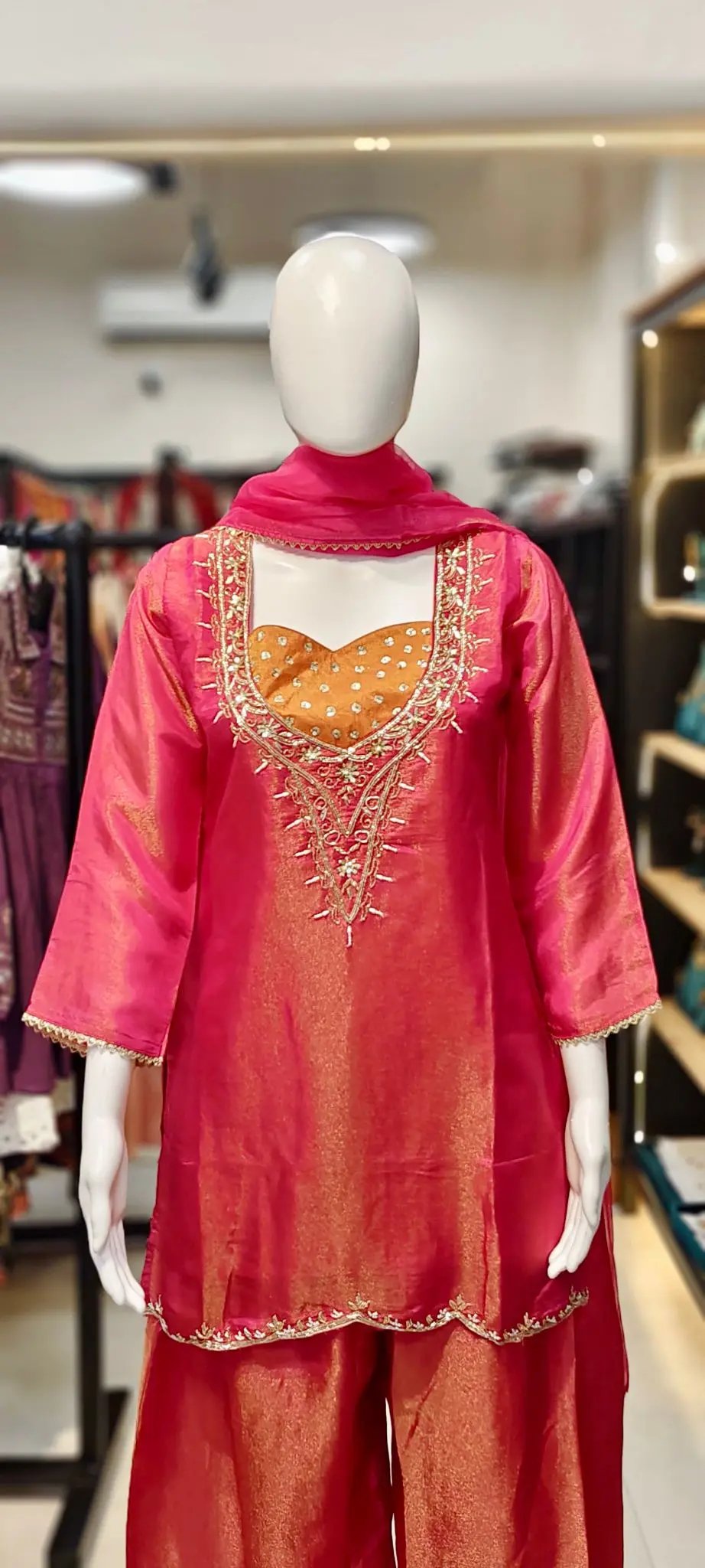 Shimmer Tissue Silk Scalloped Kurti With Cut-Dana Handwork & Flared Palazzo Set Reyshaa