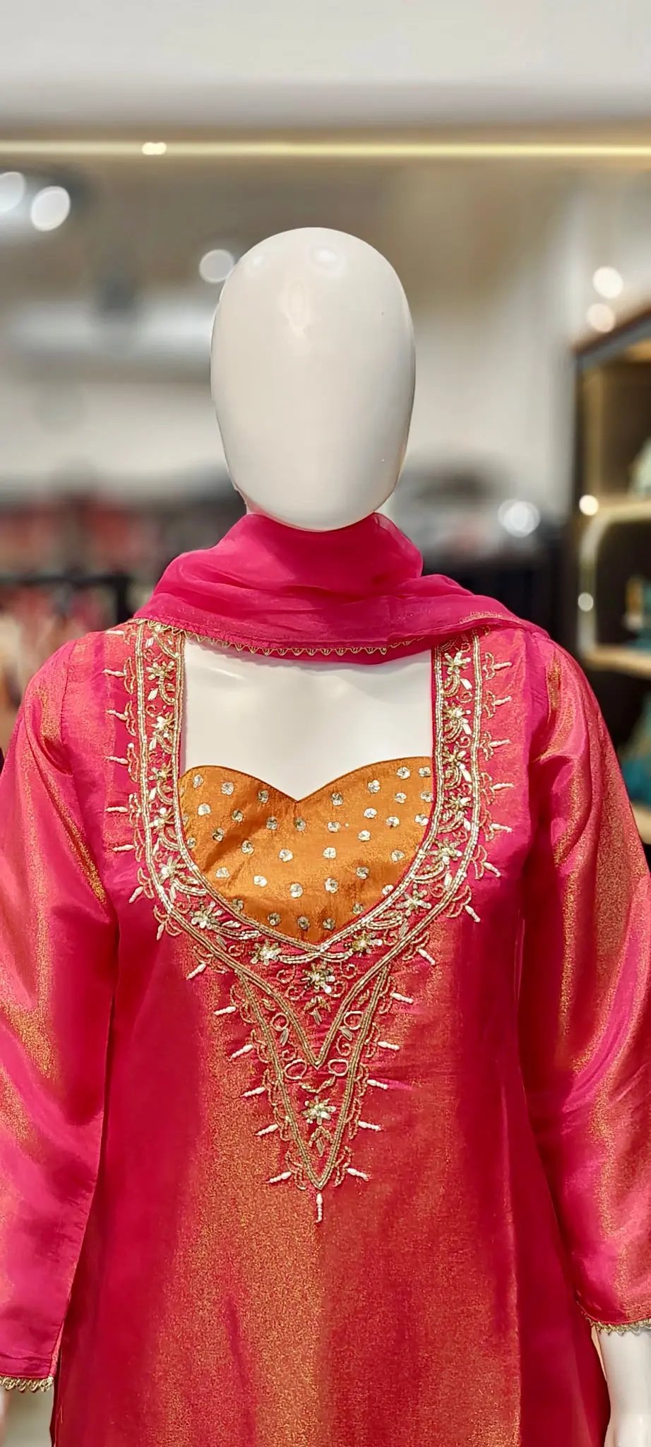 Shimmer Tissue Silk Scalloped Kurti With Cut-Dana Handwork & Flared Palazzo Set Reyshaa