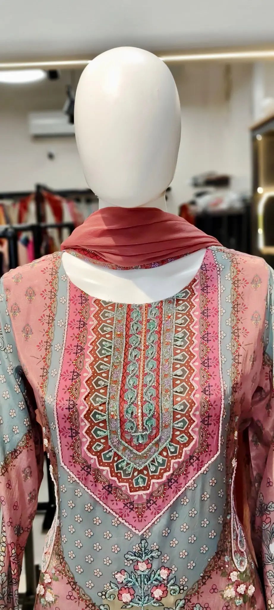 Pure Crepe Placement-Print Karachi Work Palazzo Set with Embellished Kurti & Hand Tassels Reyshaa