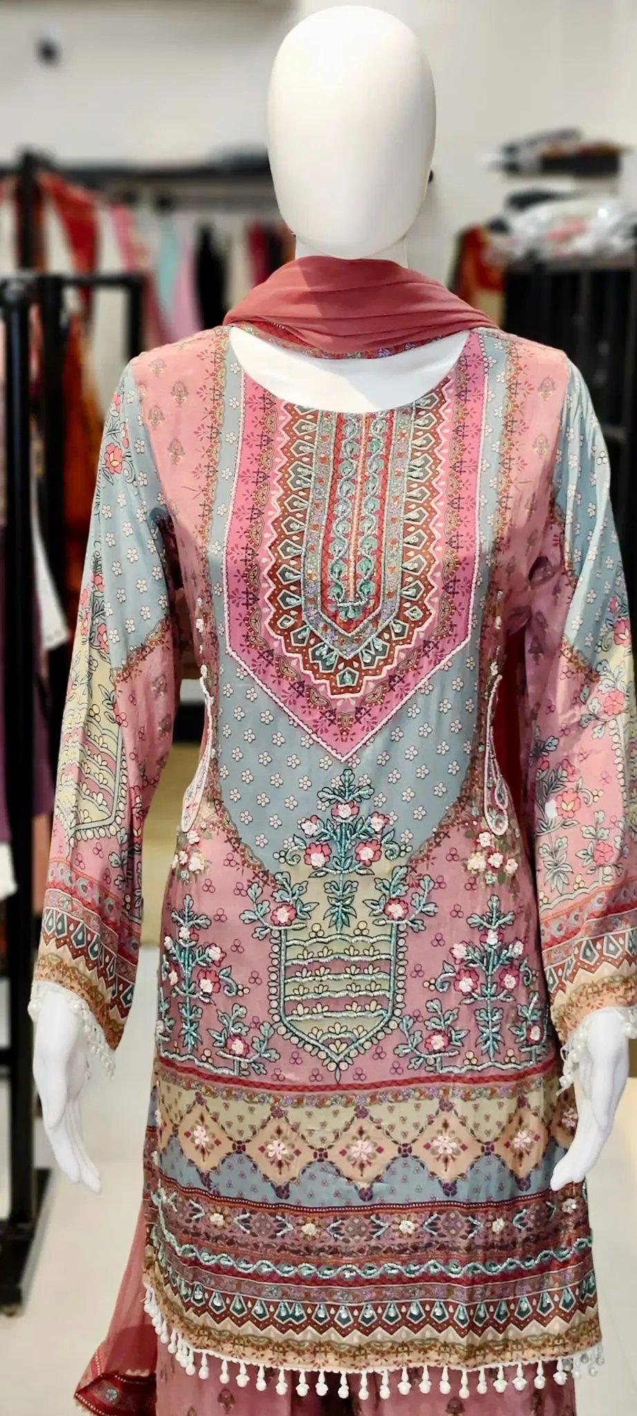 Pure Crepe Placement-Print Karachi Work Palazzo Set with Embellished Kurti & Hand Tassels Reyshaa