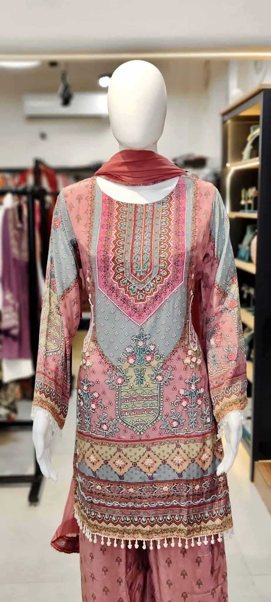 Pure Crepe Placement-Print Karachi Work Palazzo Set with Embellished Kurti & Hand Tassels Reyshaa