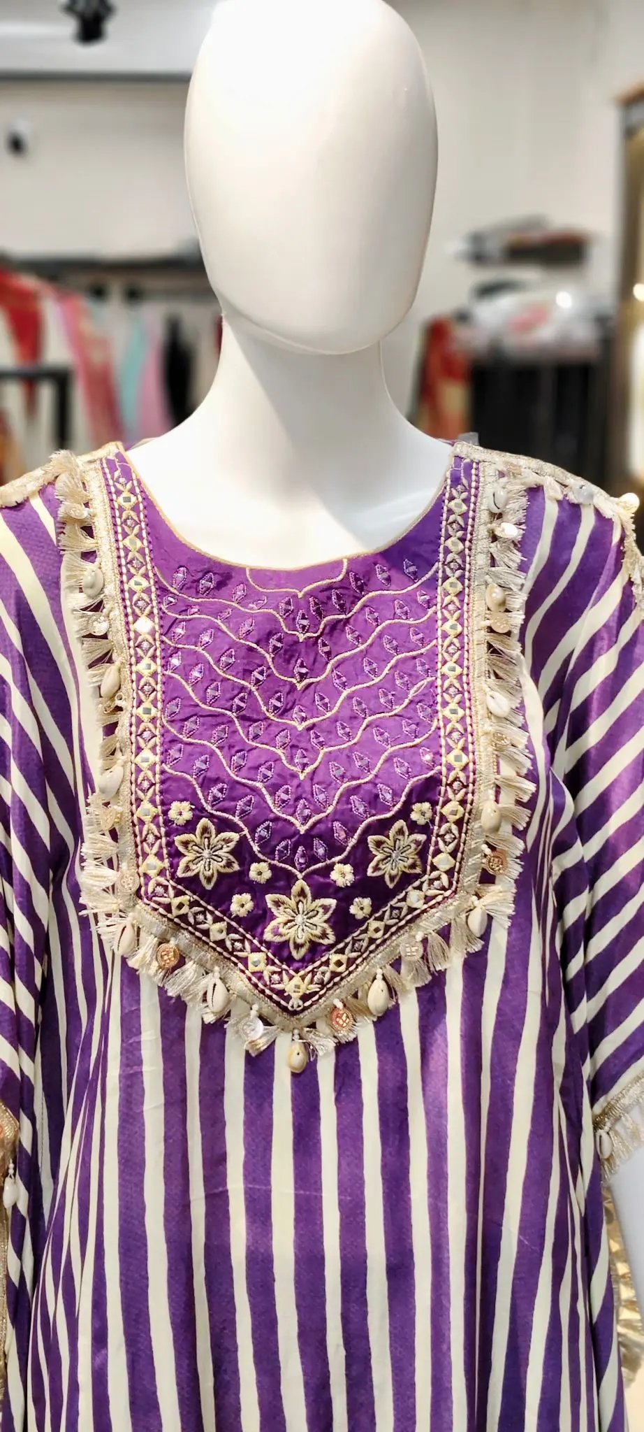 Silk Striped Kaftan Set with Flared Pants, Shell Fringe Lace & Heavy Real-Mirror Embroidered Patch Reyshaa