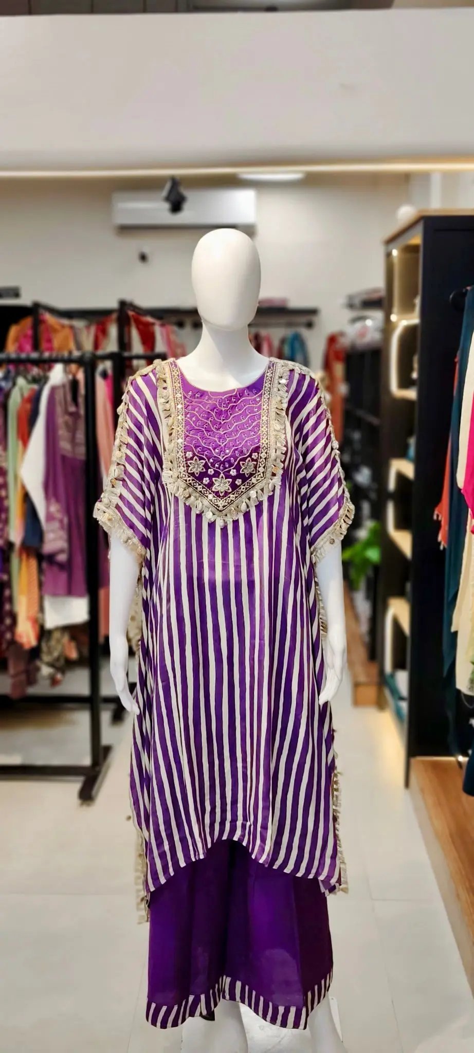Silk Striped Kaftan Set with Flared Pants, Shell Fringe Lace & Heavy Real-Mirror Embroidered Patch Reyshaa