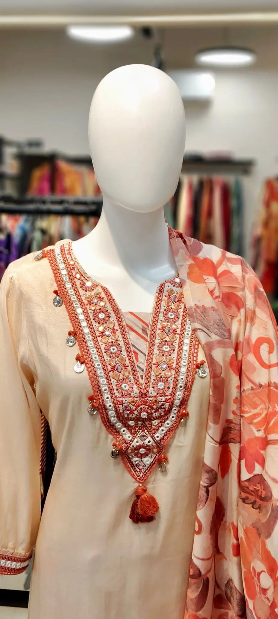 Butter Muslin Farshi Salwar Set with Boho Neck Embroidery & Digital Print Dupatta Reyshaa