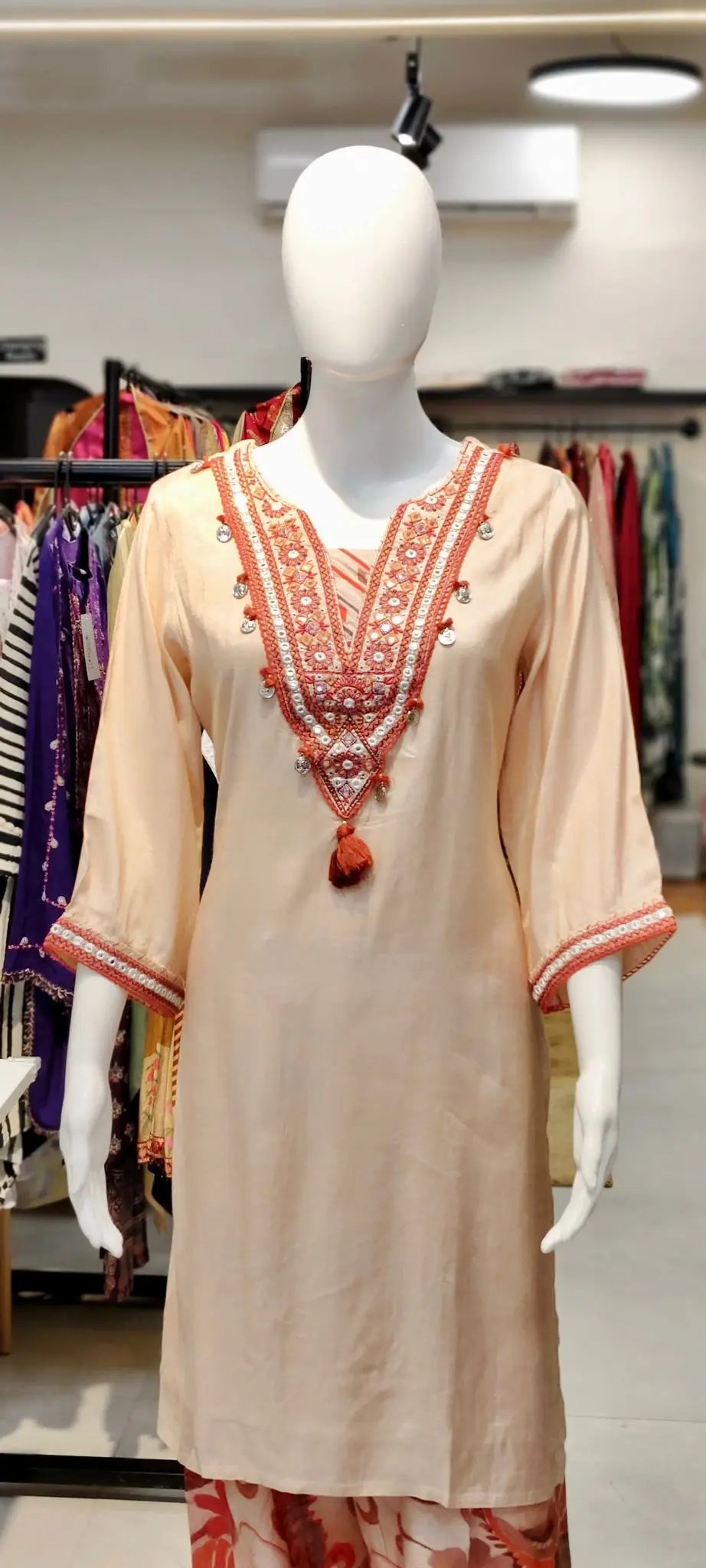 Butter Muslin Farshi Salwar Set with Boho Neck Embroidery & Digital Print Dupatta Reyshaa