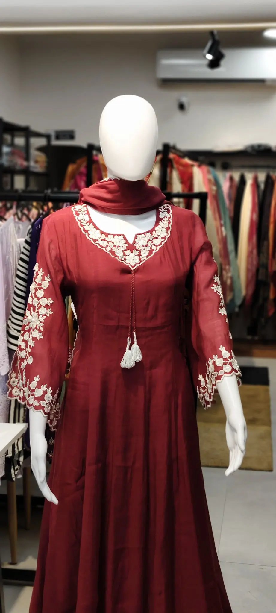 Mul Chanderi Resham & Moti Embroidered Anarkali Set with Scalloped Dupatta Reyshaa