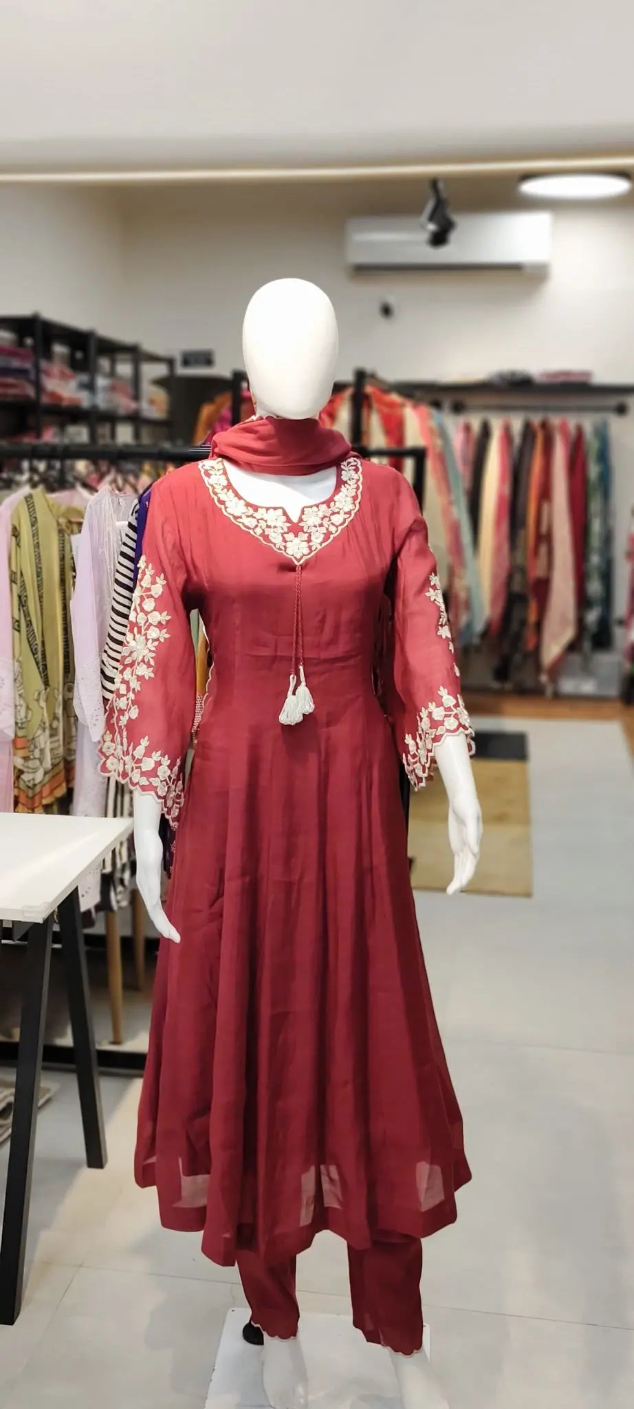 Mul Chanderi Resham & Moti Embroidered Anarkali Set with Scalloped Dupatta Reyshaa