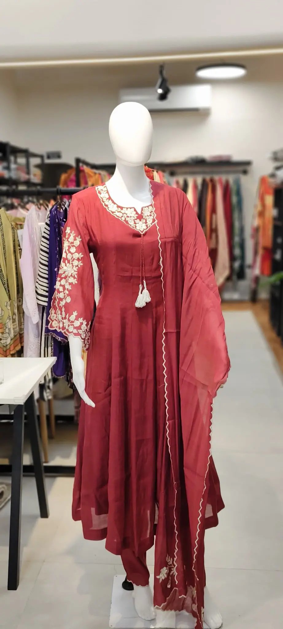 Mul Chanderi Resham & Moti Embroidered Anarkali Set with Scalloped Dupatta Reyshaa