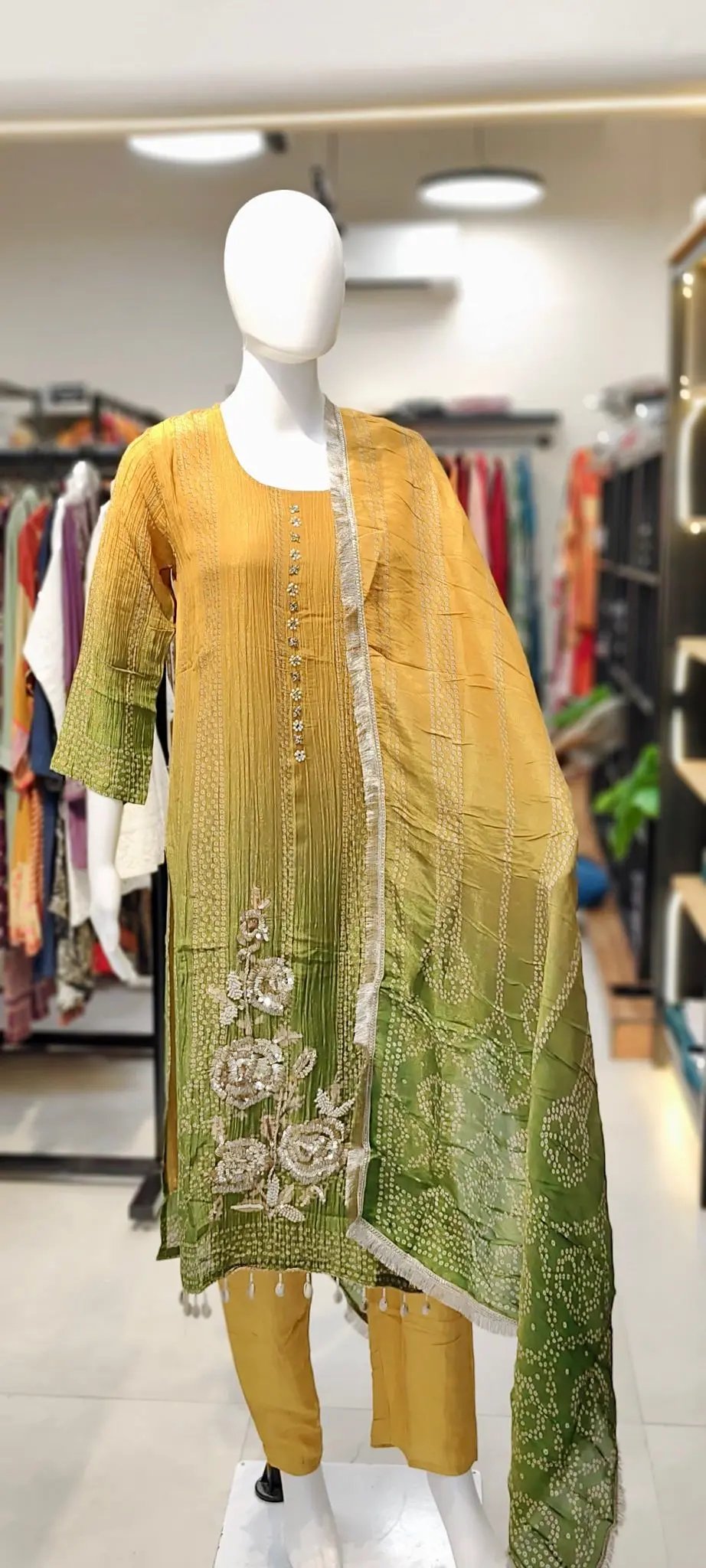 Ombre Bandhani Suit Set with Aari & Moti Embellished Kurta and Fringed Lace Dupatta Reyshaa