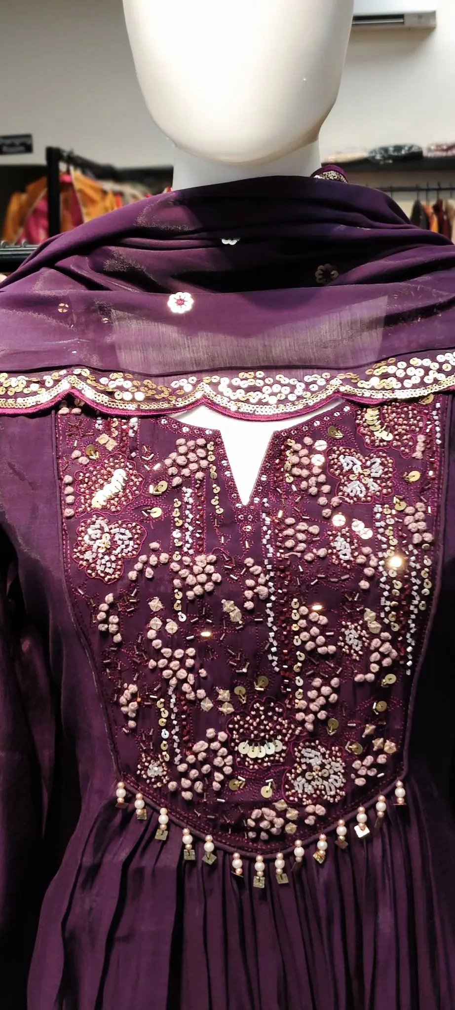 Pure Organza Silk A-Line Gathered Set with French-Knots Neck Panel & Scalloped Sequin Dupatta Reyshaa