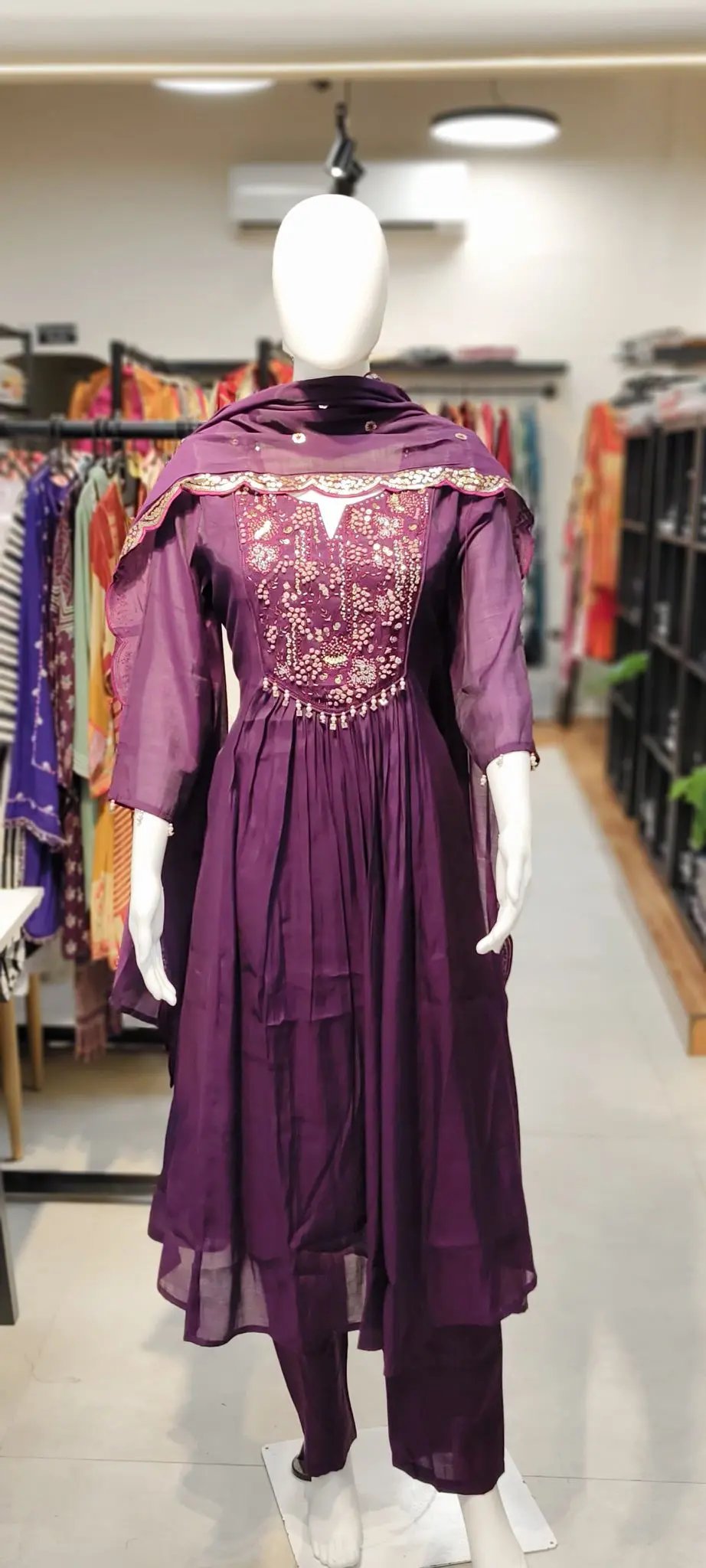 Pure Organza Silk A-Line Gathered Set with French-Knots Neck Panel & Scalloped Sequin Dupatta Reyshaa