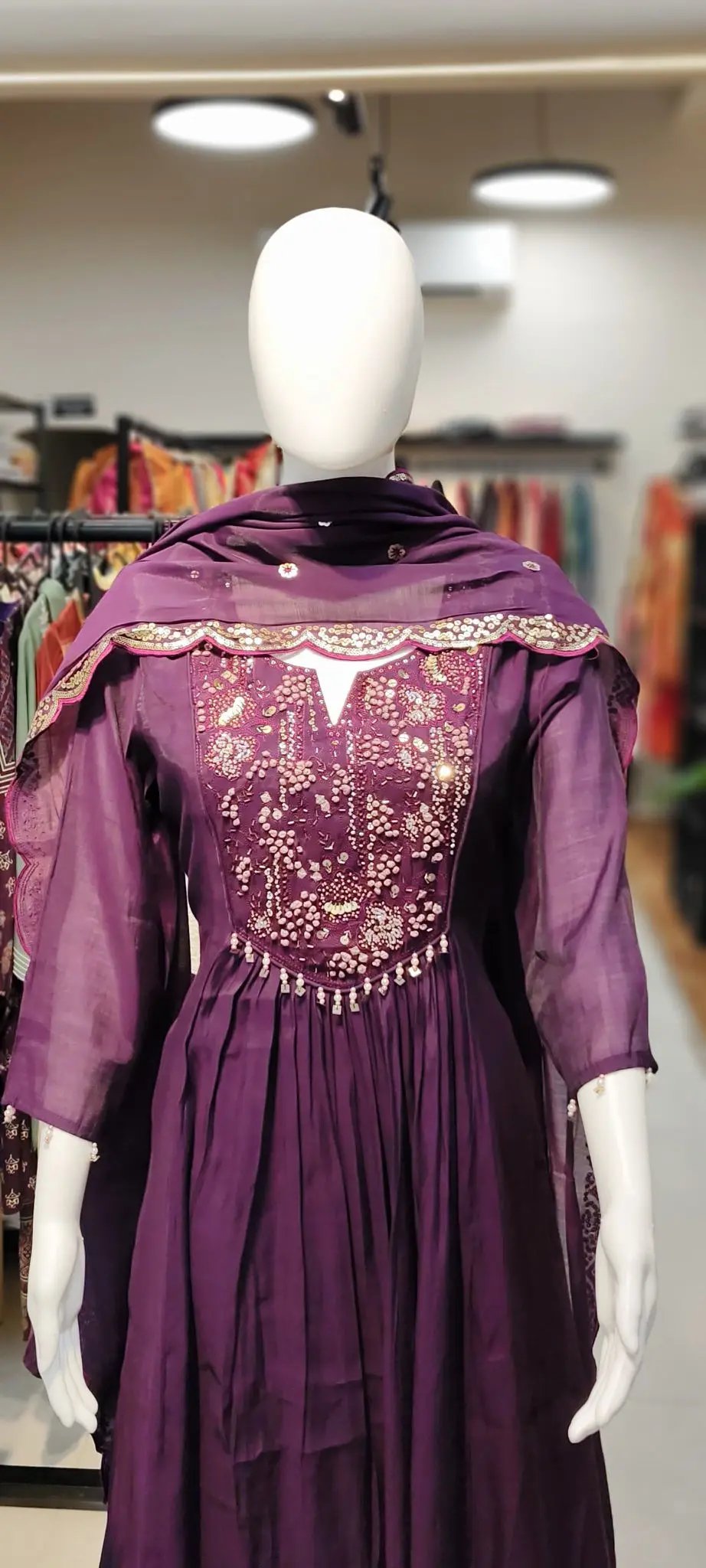 Pure Organza Silk A-Line Gathered Set with French-Knots Neck Panel & Scalloped Sequin Dupatta Reyshaa