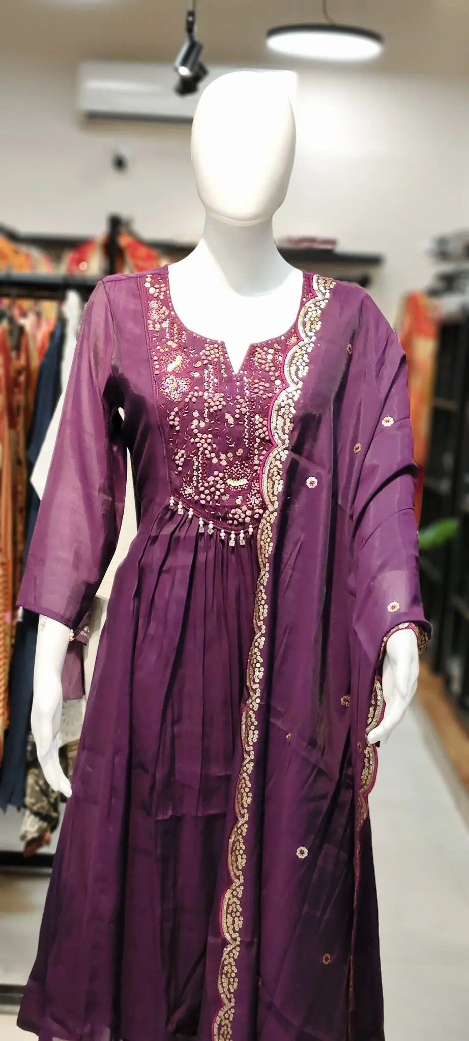 Pure Organza Silk A-Line Gathered Set with French-Knots Neck Panel & Scalloped Sequin Dupatta Reyshaa