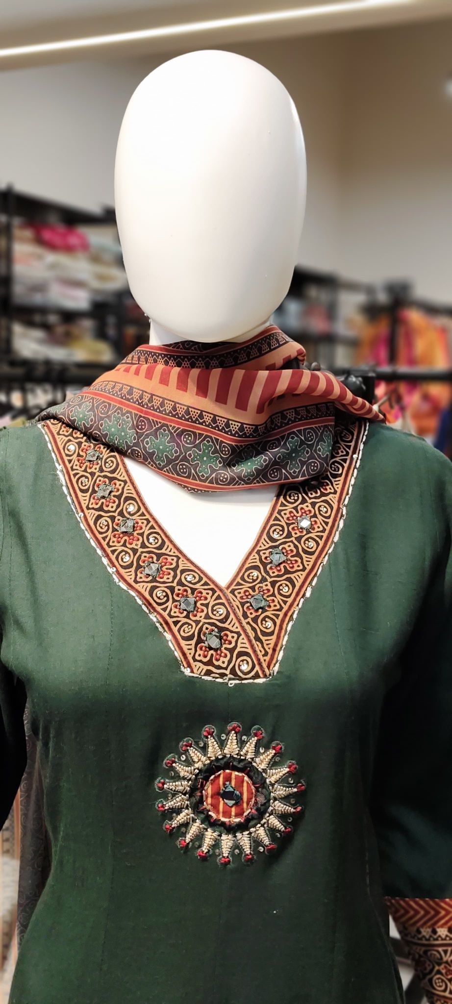 Rayon Flowy Ajrakh Print A-Line Suit Set with Thread Embroidery Reyshaa