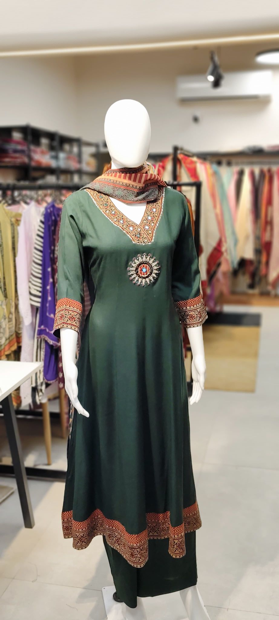 Rayon Flowy Ajrakh Print A-Line Suit Set with Thread Embroidery Reyshaa