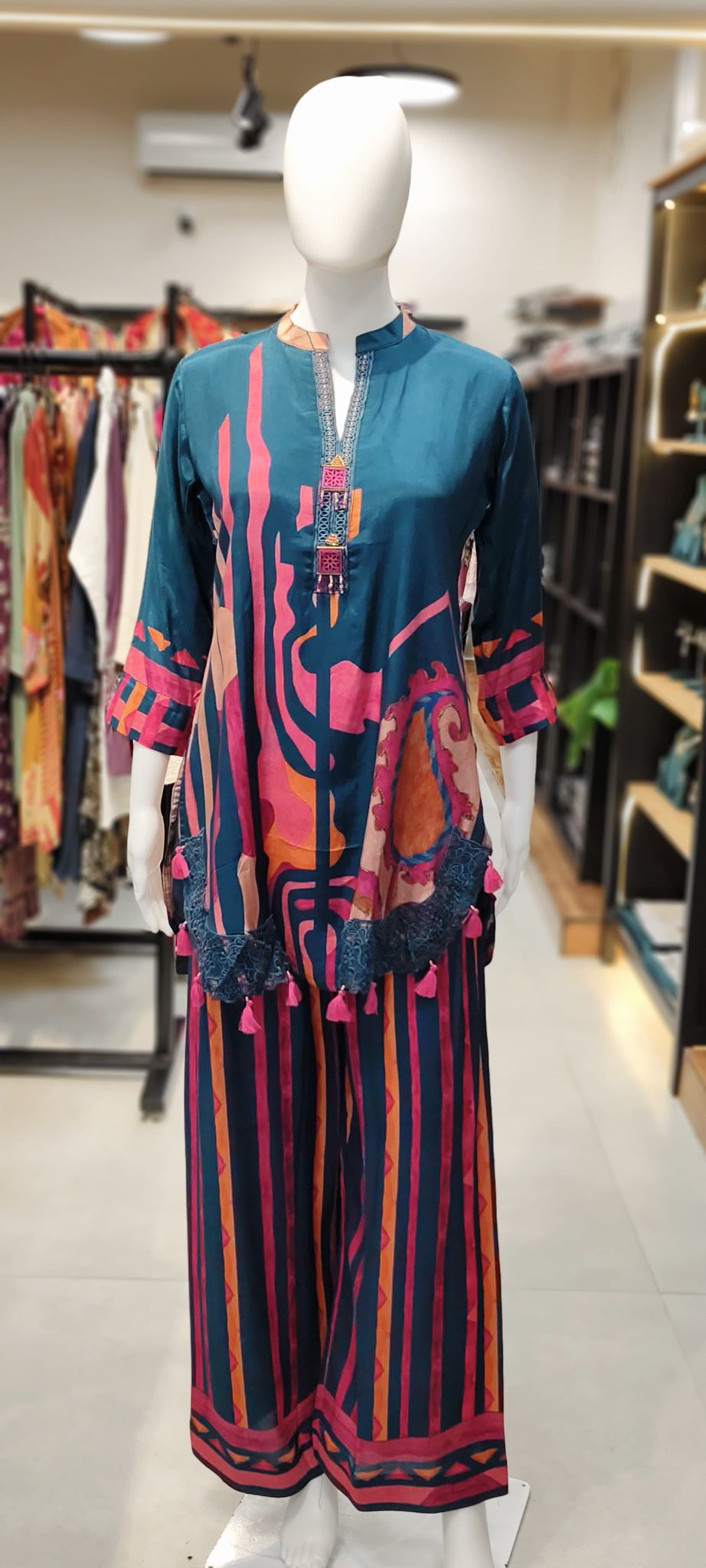 Premium Italian Cotton Abstract Co-ord Set with Crochet Lace & Boho Tassel Highlighting Reyshaa