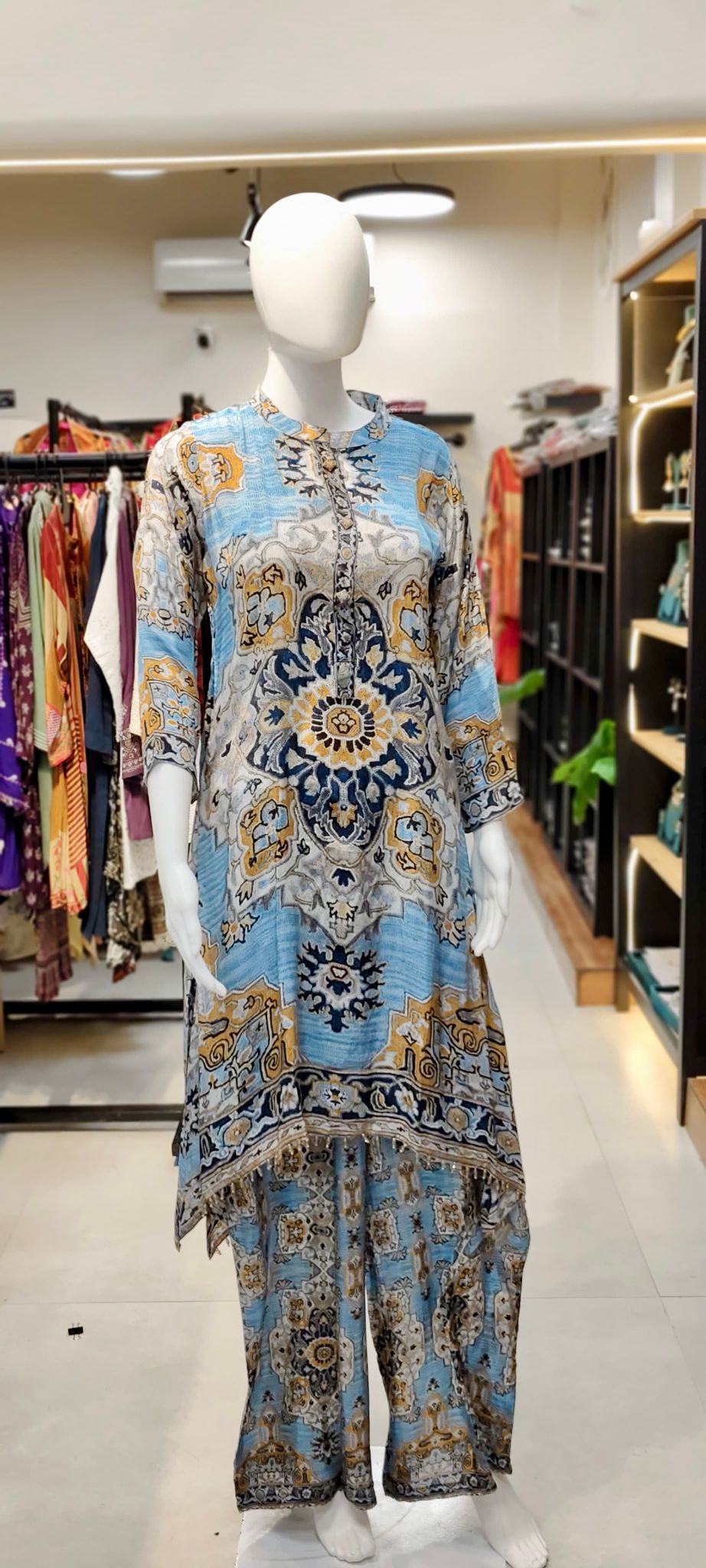 Natural Crepe Turkish Digital Print Co-ord Set with Embellished Long Tunic & Printed Palazzo Pants Reyshaa