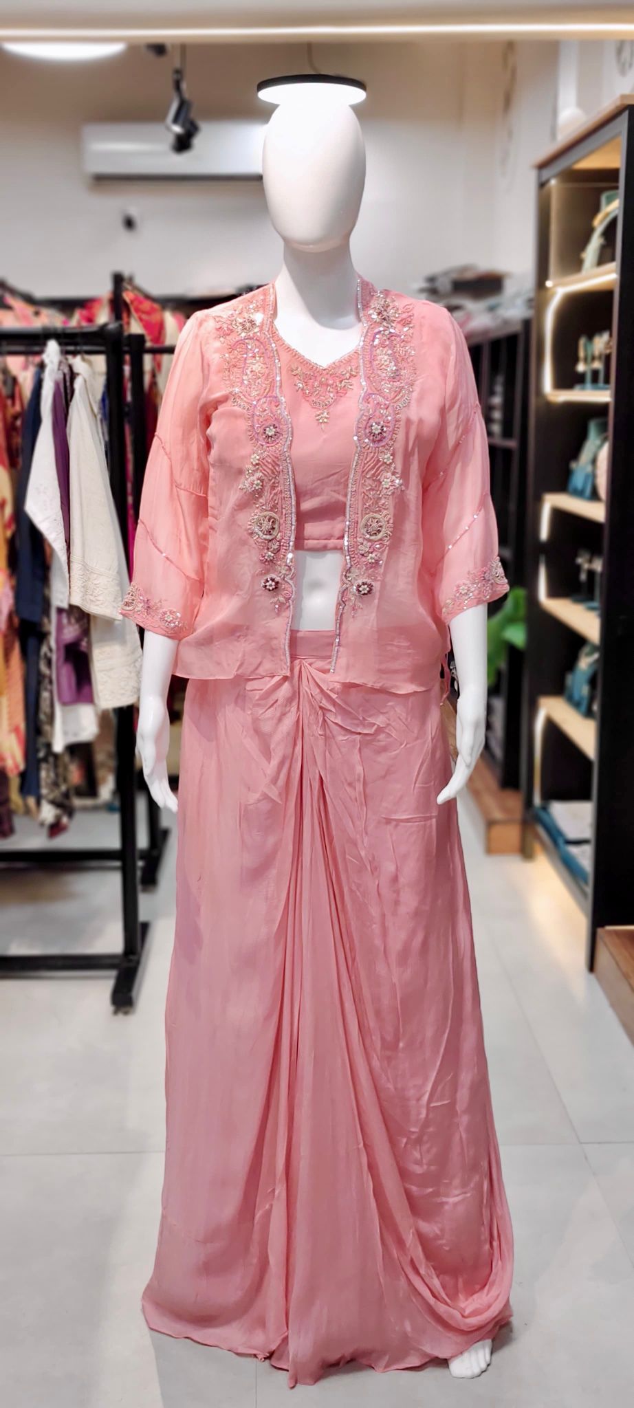 Drape Skirt Indo-Western Set with Cut-Dana Hand Embroidered Organza Jacket & Padded-Sleeve Blouse Reyshaa