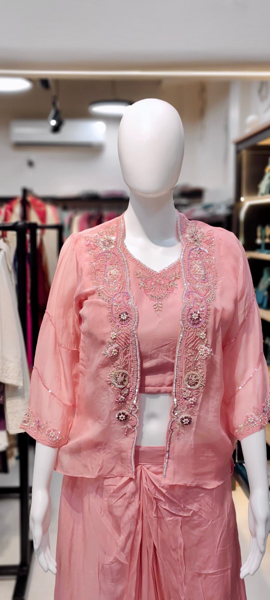Drape Skirt Indo-Western Set with Cut-Dana Hand Embroidered Organza Jacket & Padded-Sleeve Blouse Reyshaa
