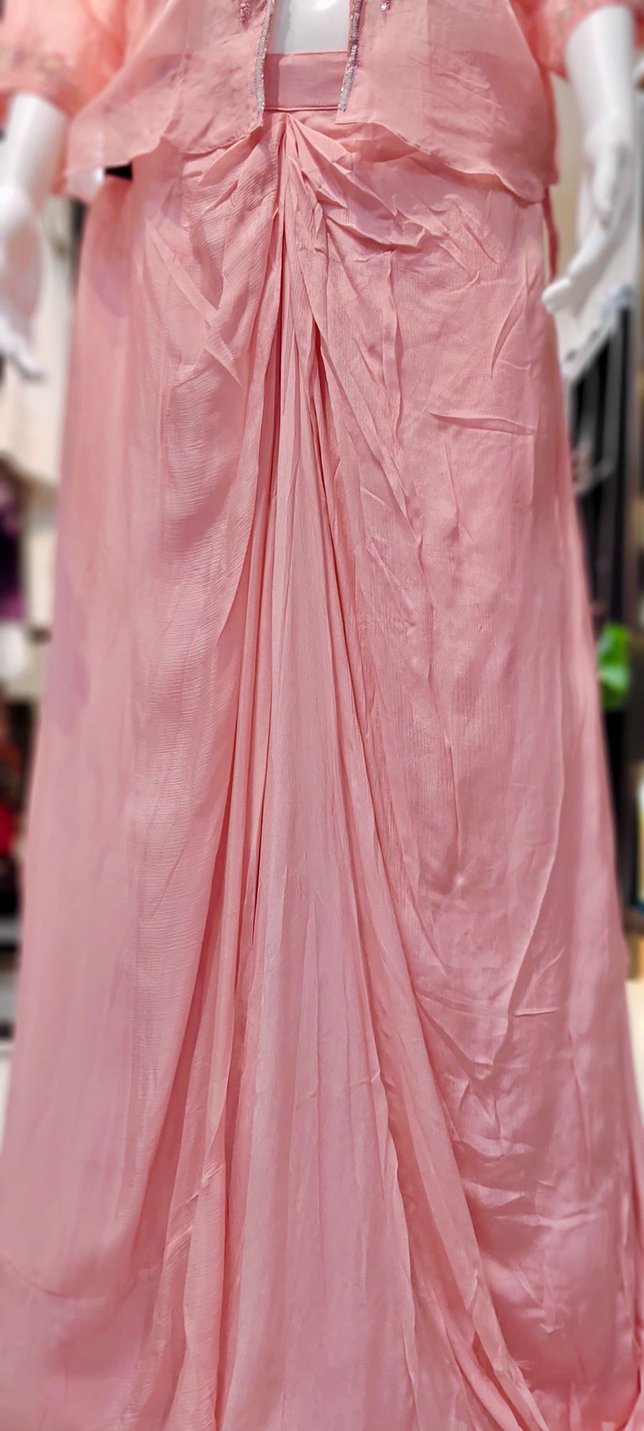 Drape Skirt Indo-Western Set with Cut-Dana Hand Embroidered Organza Jacket & Padded-Sleeve Blouse Reyshaa