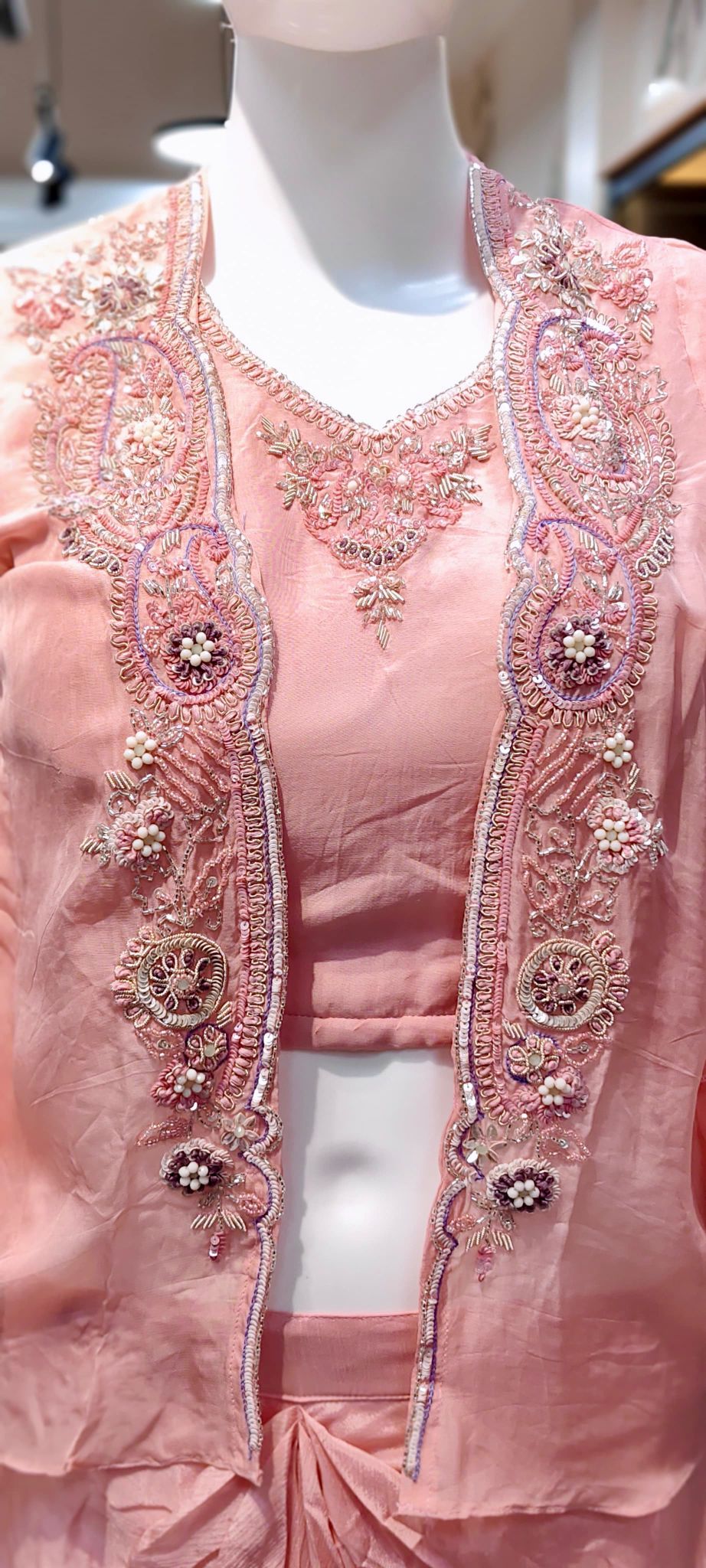 Drape Skirt Indo-Western Set with Cut-Dana Hand Embroidered Organza Jacket & Padded-Sleeve Blouse Reyshaa