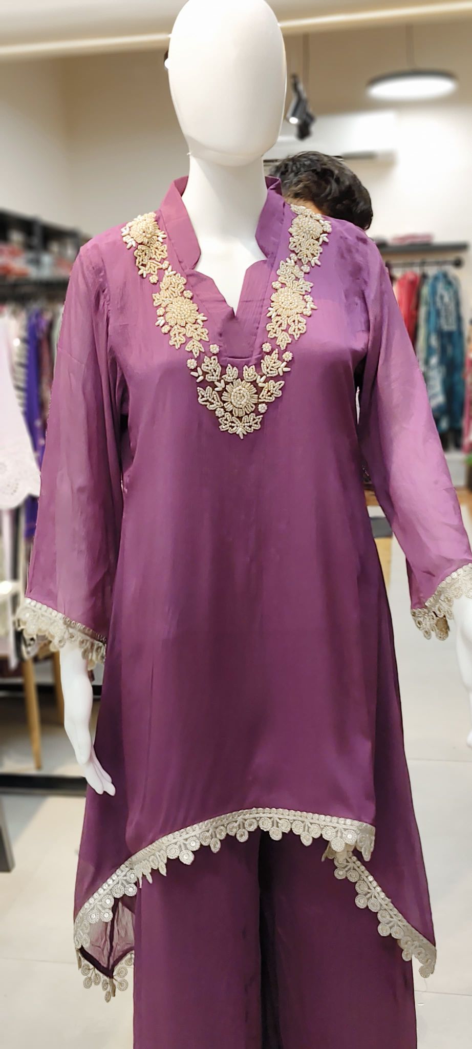 Pure Chinon Hand-Embroidered Sharara Set with Scalloped Lace Finish Reyshaa