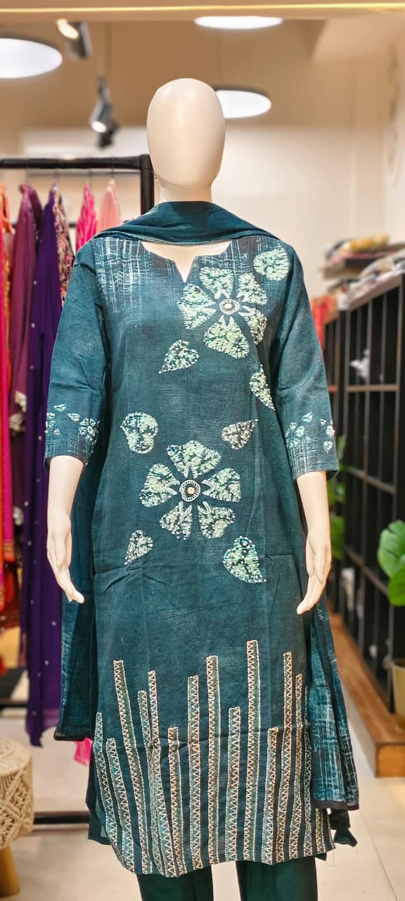 Spunwool digital print suits set with French knots embroidery Reyshaa