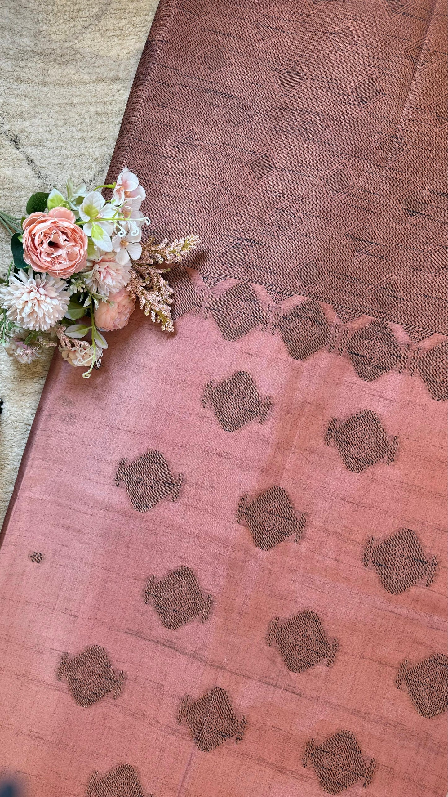 Women Light Coral Cotton Silk Madubani Saree