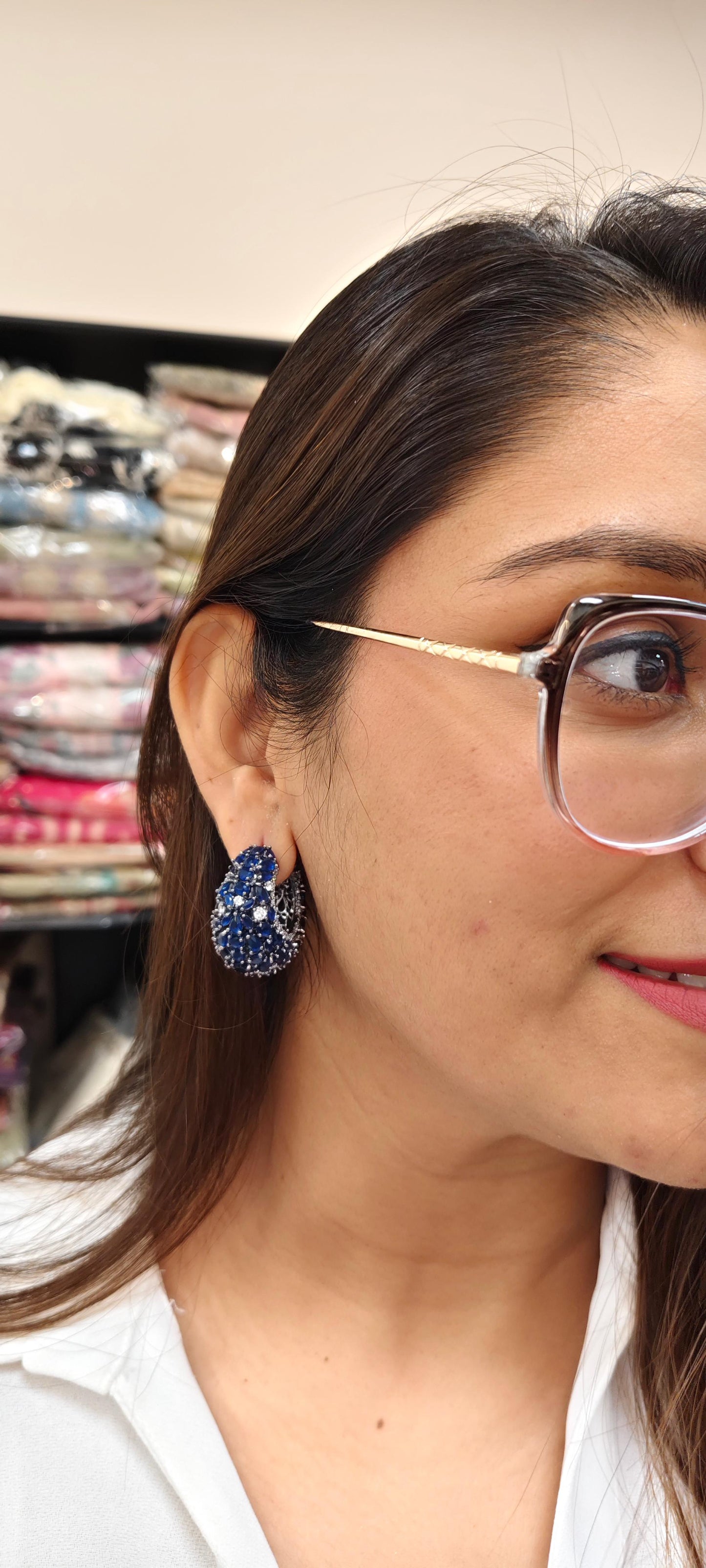 AD Diamonds Hoop Earrings With Royal Blue Stones