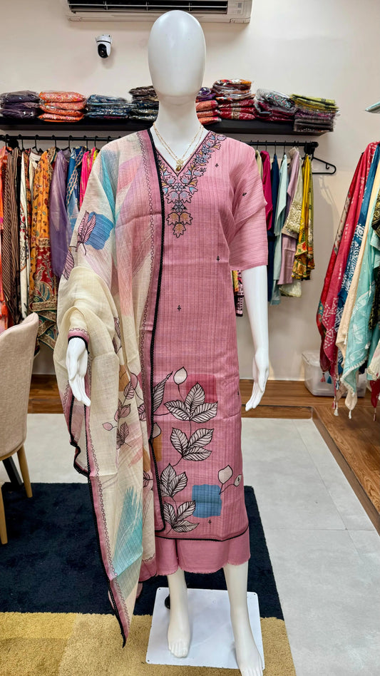 Elegant Floral Embroidered Linen Dress Material Set – Unstitched Salwar Kameez Reyshaa