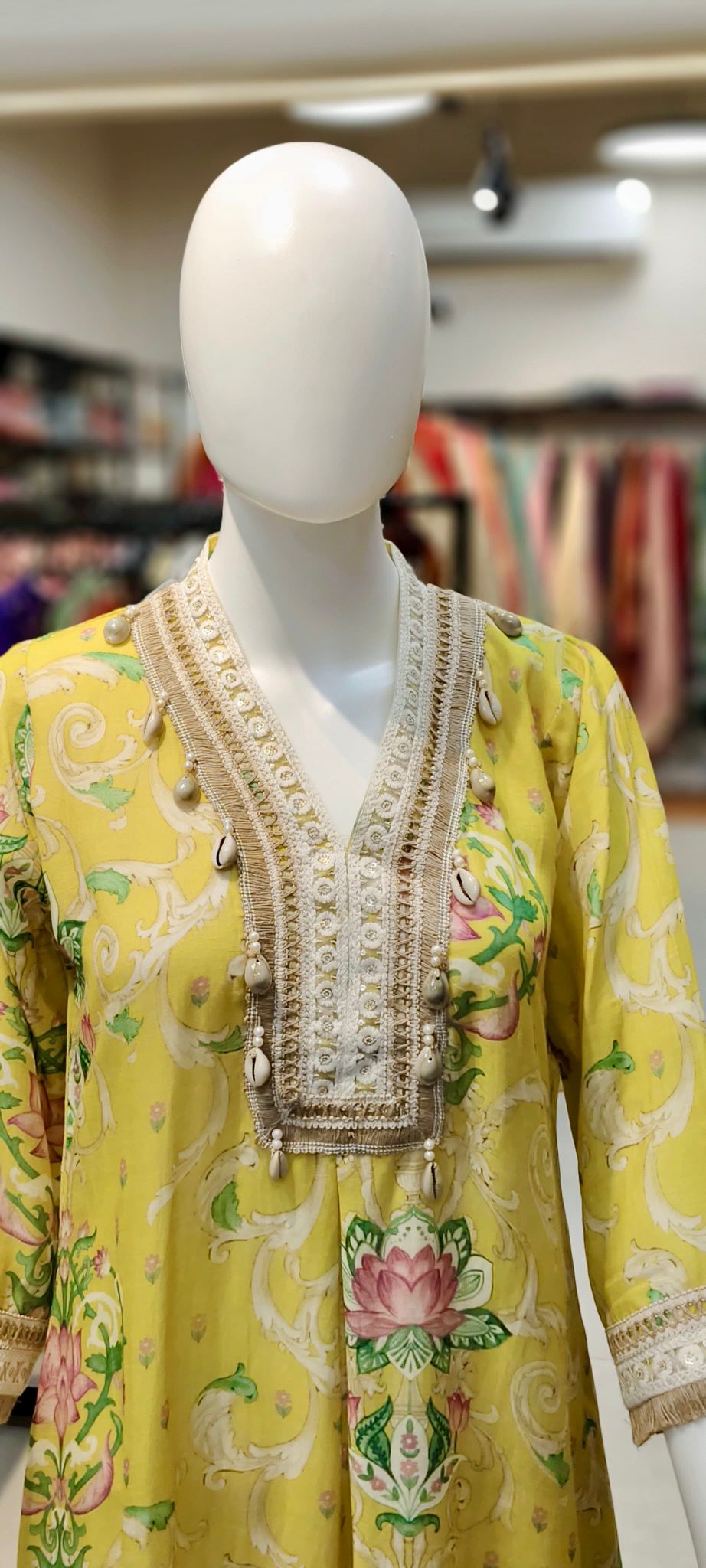 Khaadi Silk Lotus-Print Co-ord Set with Crochet & Shell Highlights and Bell-Bottom Pants Reyshaa