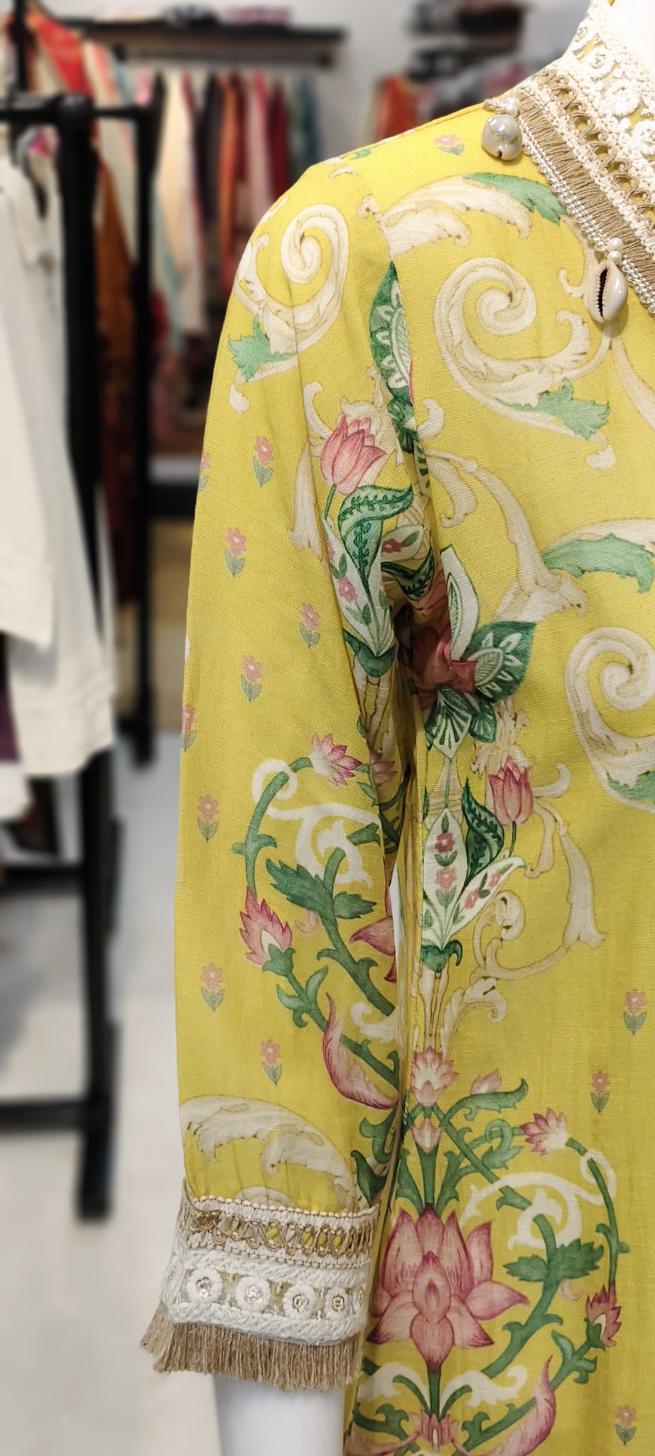 Khaadi Silk Lotus-Print Co-ord Set with Crochet & Shell Highlights and Bell-Bottom Pants Reyshaa